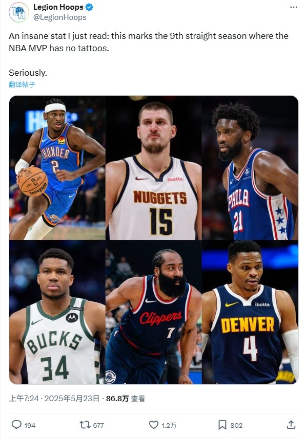 NBA九年来MVP得主惊人共性 无纹身球星称霸联盟